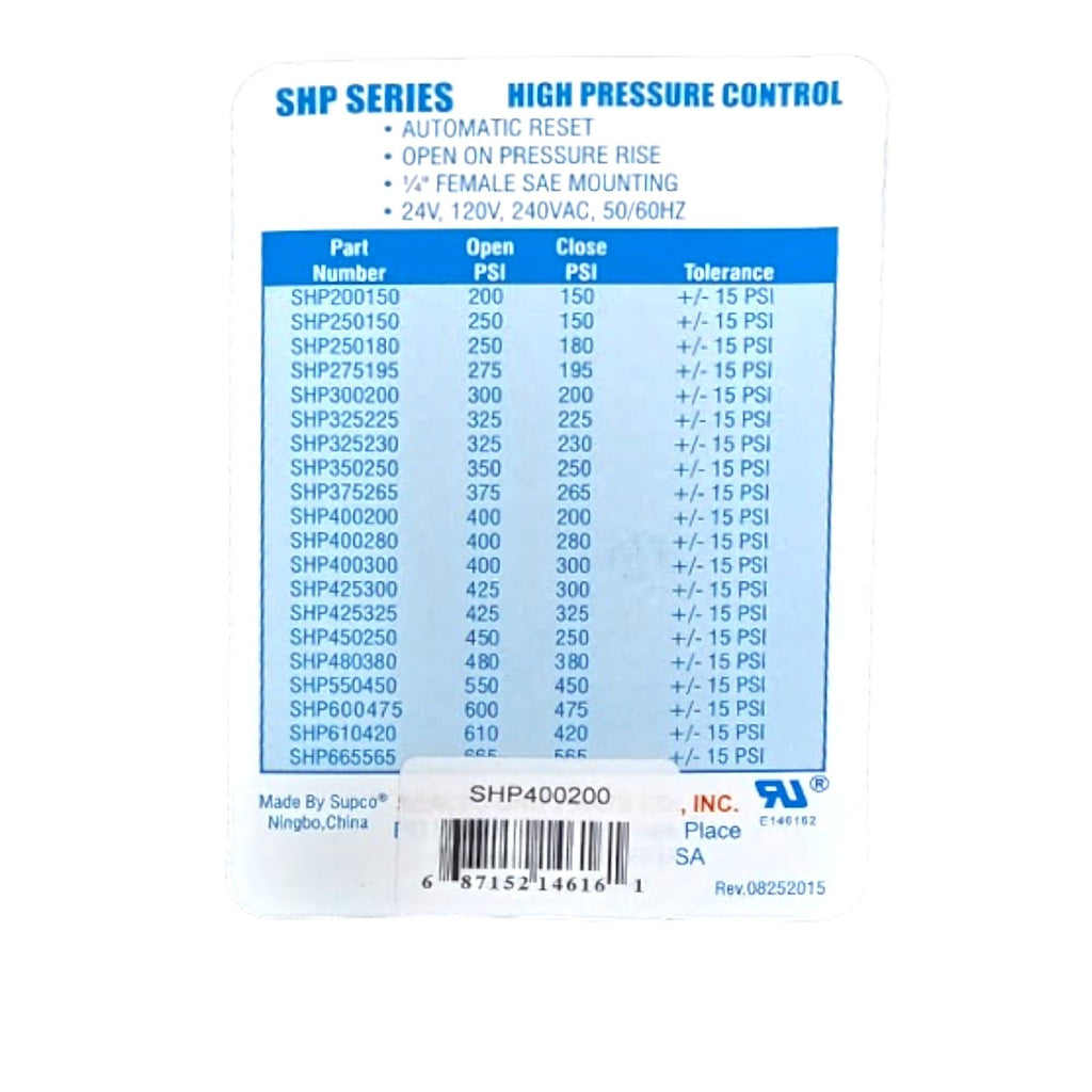 Supco SHP400200 High Pressure Switch Open: 400 Close: 200 PSI HVAC Refrigeration