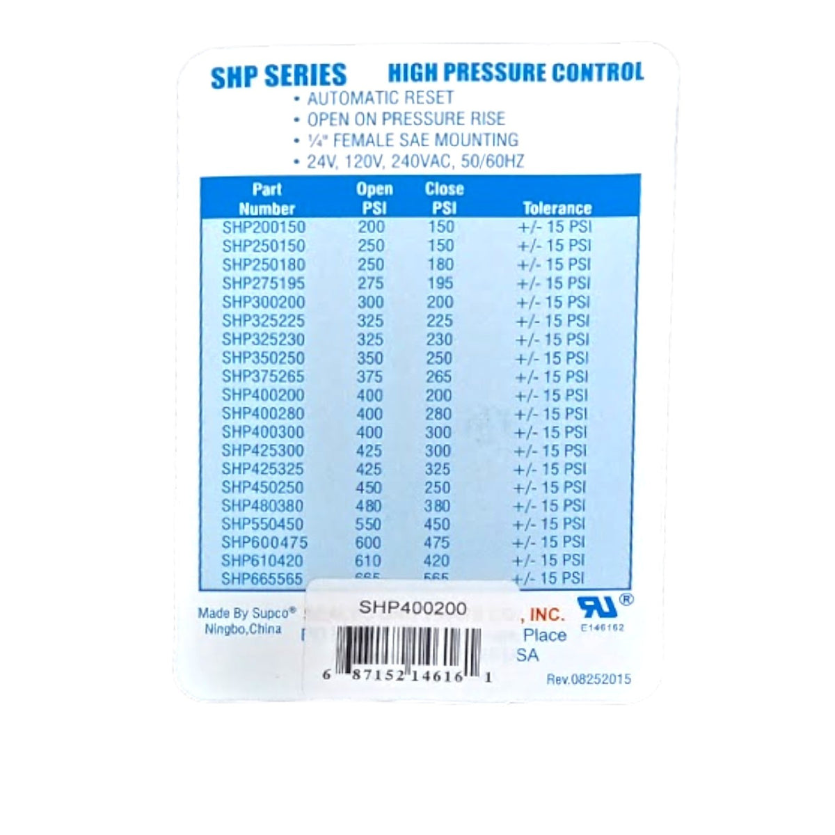 Supco SHP400200 High Pressure Switch Open: 400 Close: 200 PSI HVAC Refrigeration