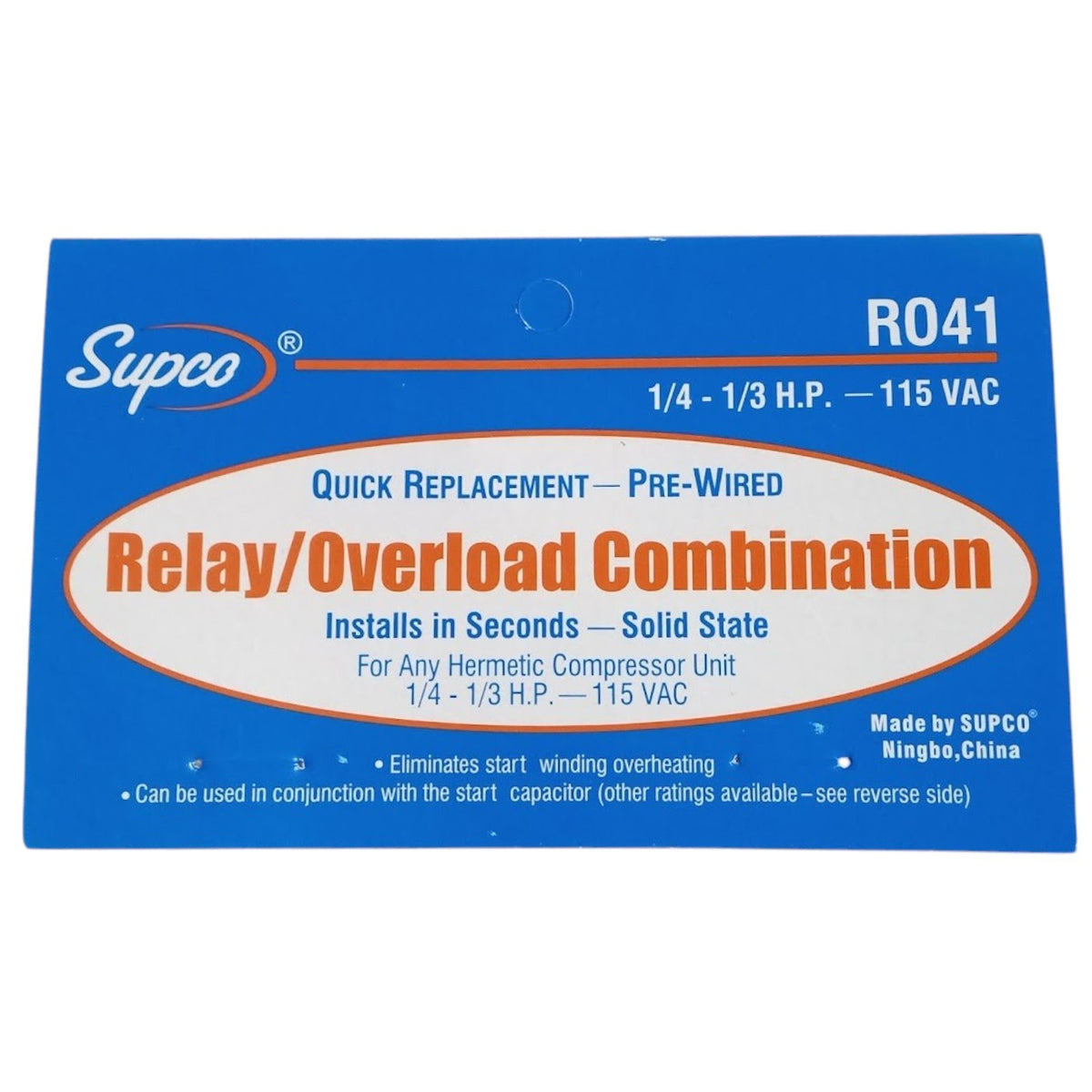 R041 SUPCO Refrigerator Relay Overload FOR 1/4 - 1/3 HP Compressors 115 Volts