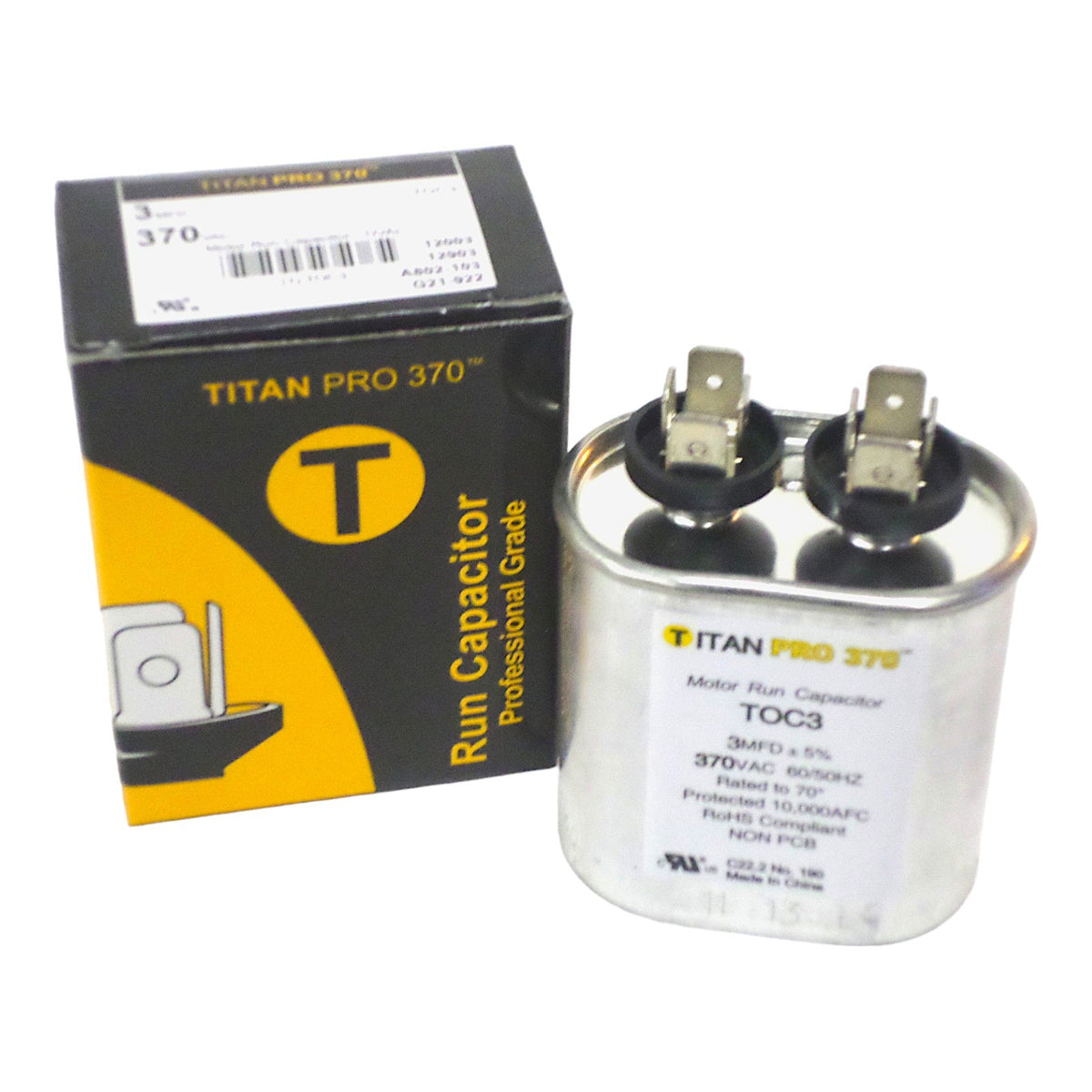 TitanPro TOC3 HVAC Oval Motor Run Capacitor. 3 MFD/UF 370 Volts
