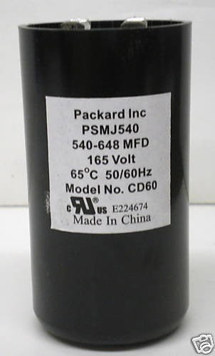 Packard PSMJ540 Motor Start Capacitor. 540-648 MFD UF / 165 VAC