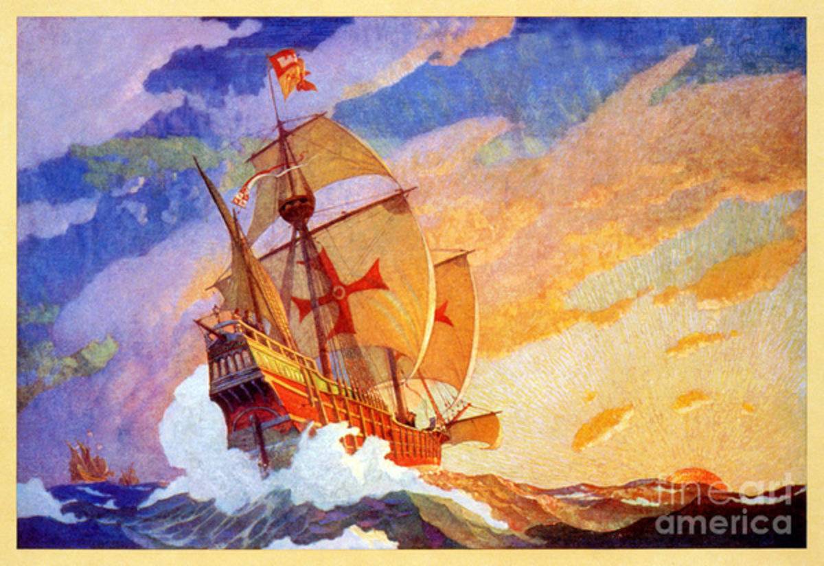 Ships Of Christopher Columbus At Sea Vintage - Poster | Canvas Wall Art Print