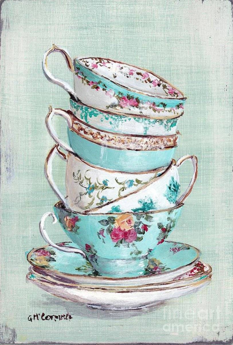 Stacked Aqua Themed Tea Cups - Poster | Canvas Wall Art Print