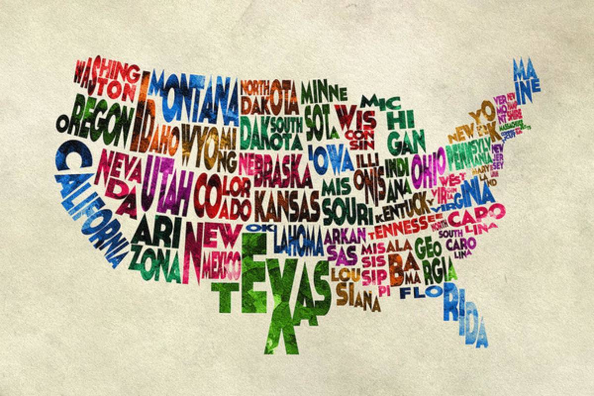 States Of United States Typographic Map - Parchment Style - Poster | Canvas Wall Art Print