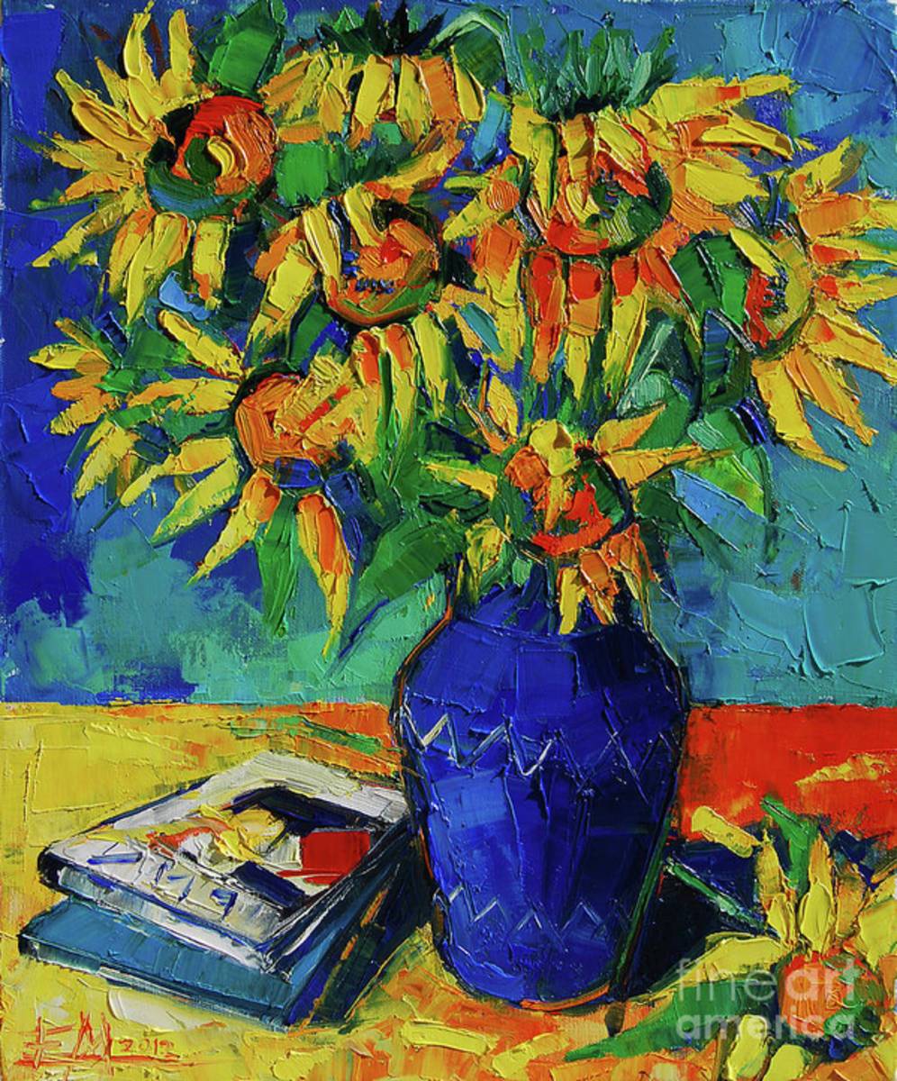 Sunflowers In Blue Vase - Poster | Canvas Wall Art Print