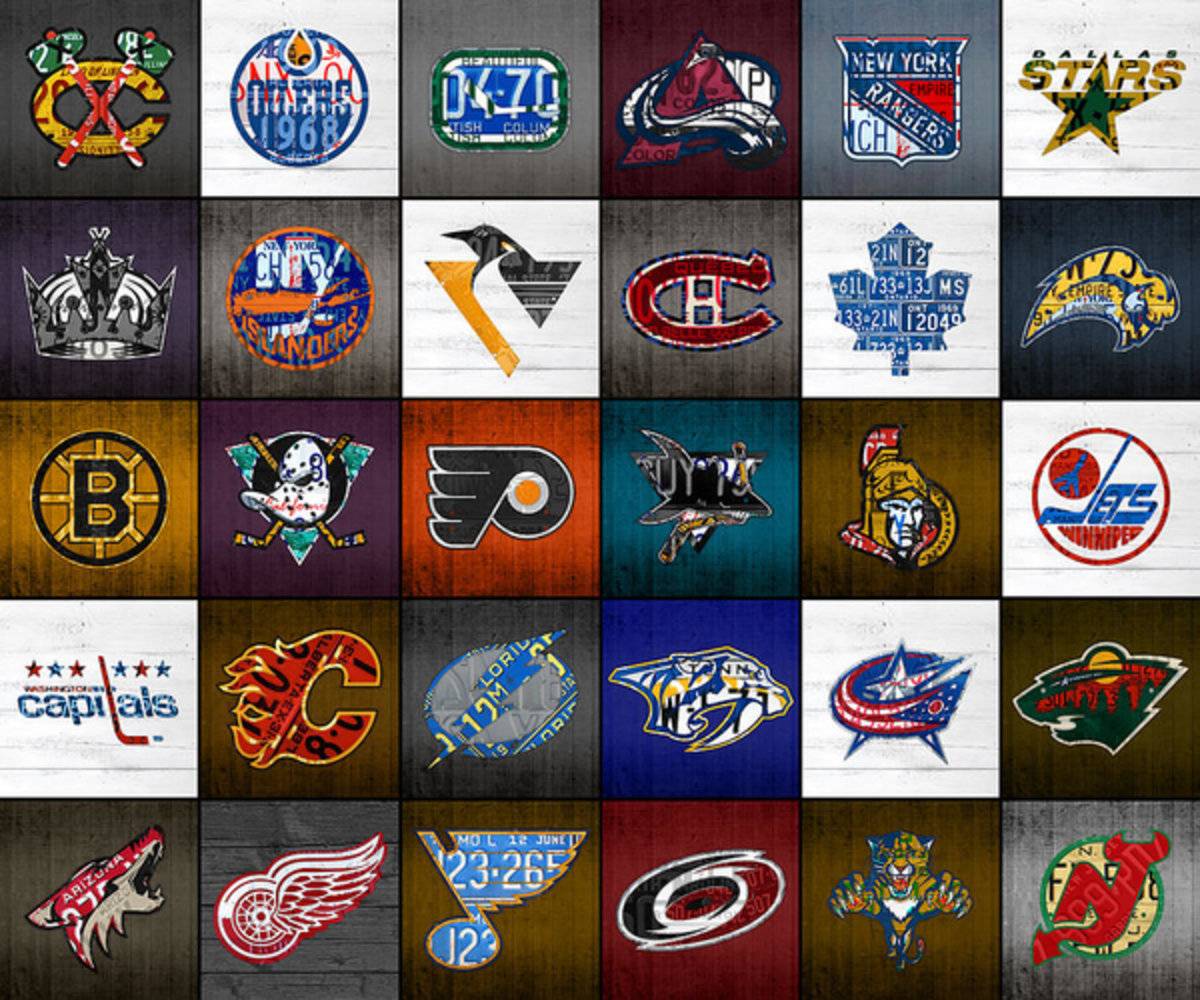 Time To Lace Up The Skates Recycled Vintage Hockey League Team Logos License Plate Art - Poster | Canvas Wall Art Print