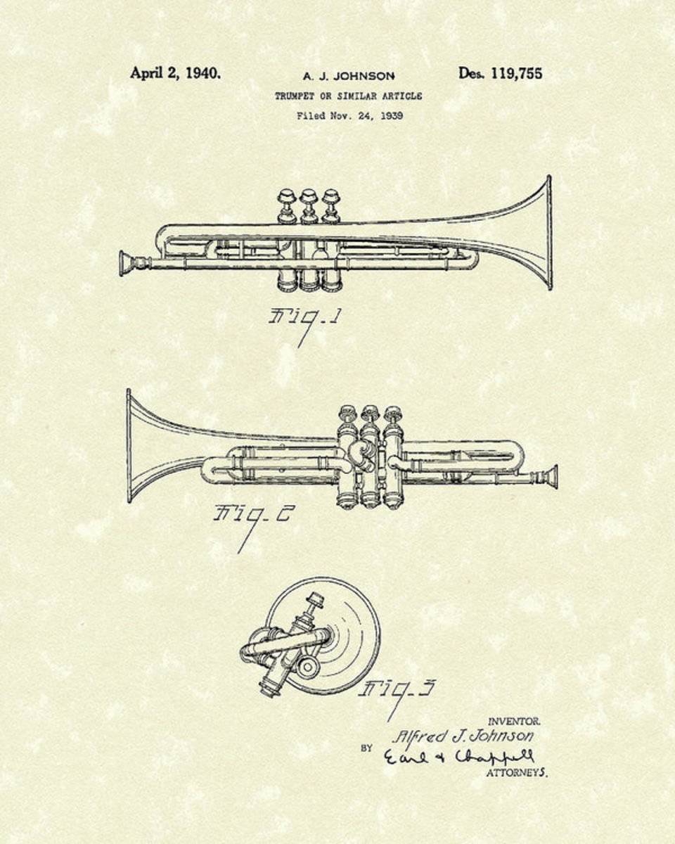 Trumpet 1940 Patent Art - Poster | Canvas Wall Art Print
