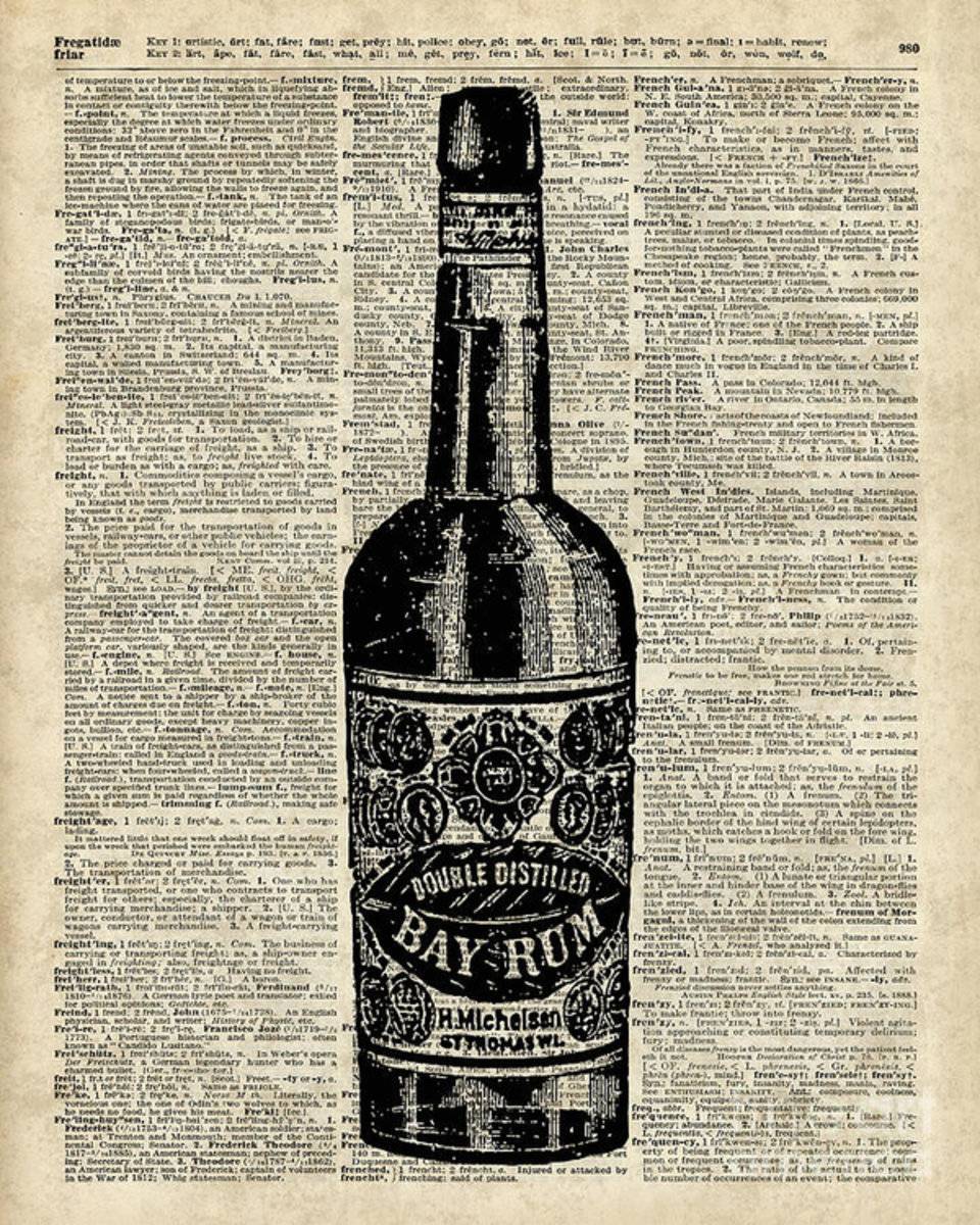 Vintage Bottle Of Rum Over Antique Book Page - Poster | Canvas Wall Art Print