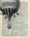 Vintage Hot Air Balloon Illustration,Antique Dictionary Book Page Design - Poster | Canvas Wall Art Print