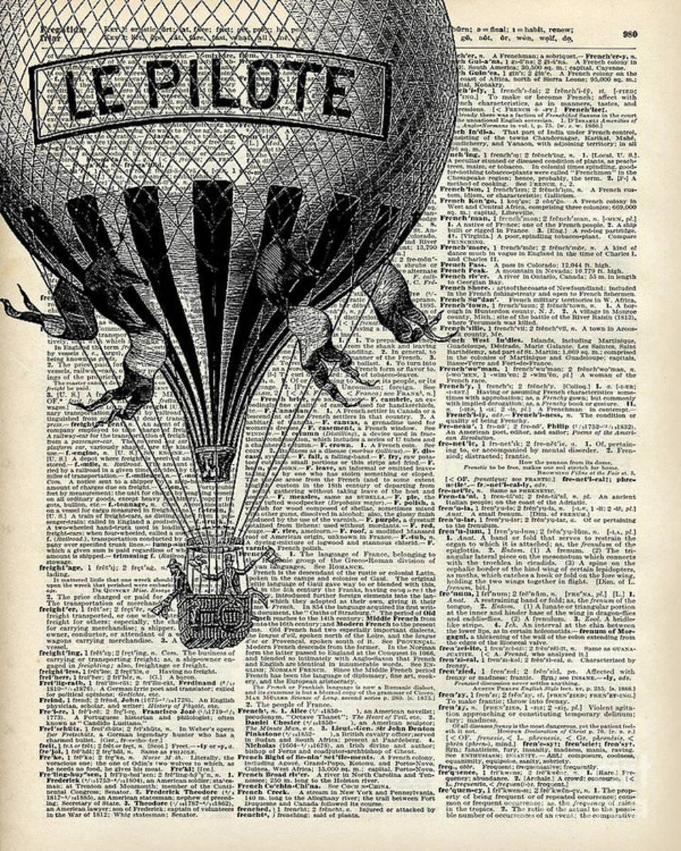 Vintage Hot Air Balloon Illustration,Antique Dictionary Book Page Design - Poster | Canvas Wall Art Print