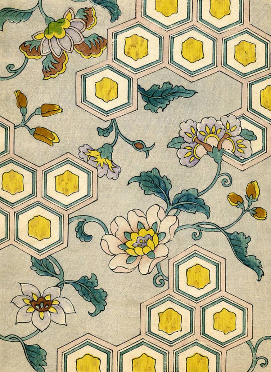 Vintage Japanese Illustration Of Blossoms On A Honeycomb Background - Poster | Canvas Wall Art Print