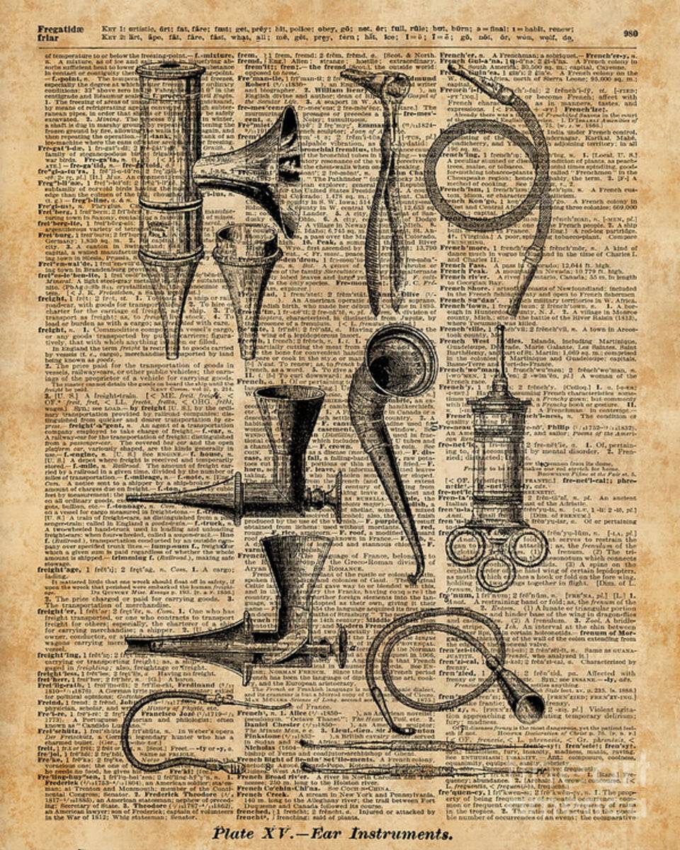 Vintage Medical Kits,Ear Instruments,Surgery Decoration,Dictionary Art,Zombie Apocalypse,Halloween - Poster | Canvas Wall Art Print