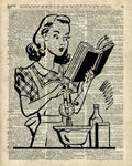 Vintage Stencil Of Cooking Girl Over Old Dictionary Book Page - Poster | Canvas Wall Art Print