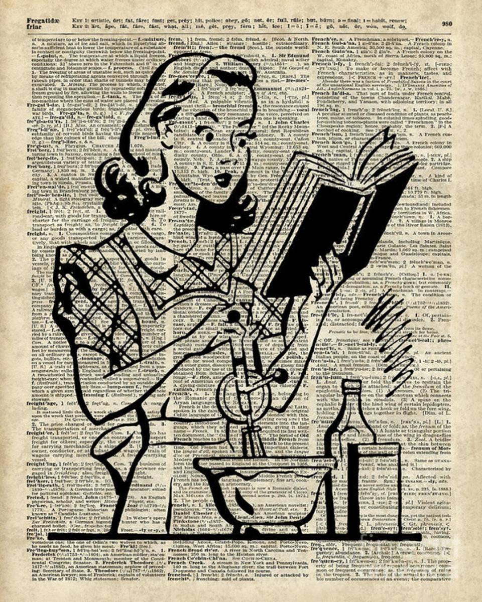Vintage Stencil Of Cooking Girl Over Old Dictionary Book Page - Poster | Canvas Wall Art Print