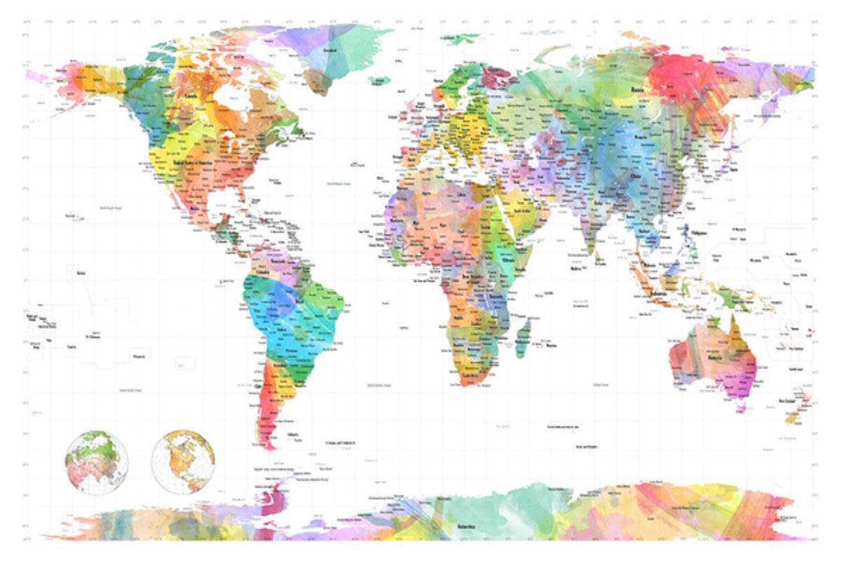 Watercolor Political Map Of The World - Poster | Canvas Wall Art Print